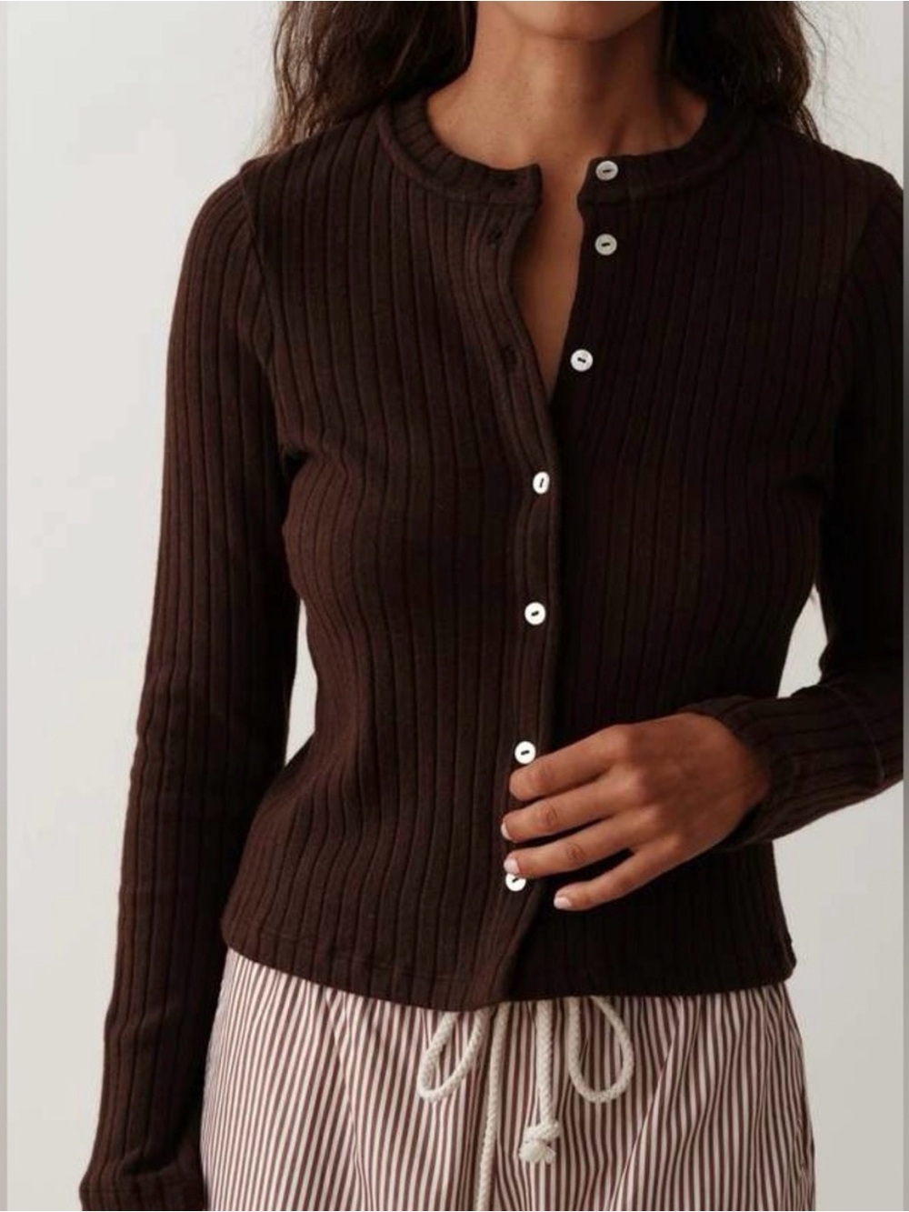 DONNI. Brown Ribbed Button-Front Cardigan